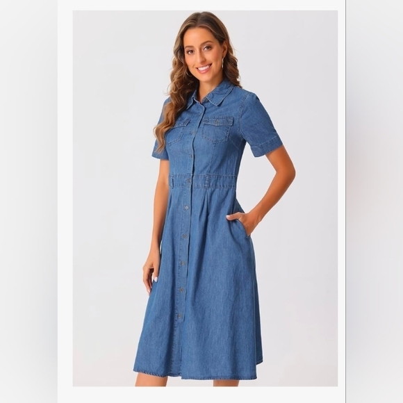Denim Dress for Women's Collared Short Sleeve A-Line Button Up Jean Midi Dresses - Picture 4 of 7